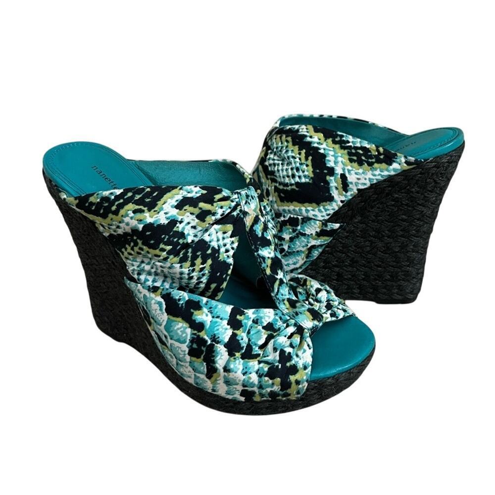 Nanette Lepore Teal Python Snake‎ Cut Out Woven Wedge Sandals 6